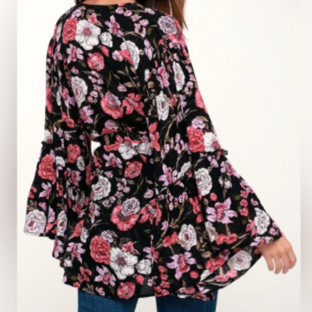 Billabong All Flored Kimono Top Black Pink White Tie Front Bell Sleeve EUC S/M